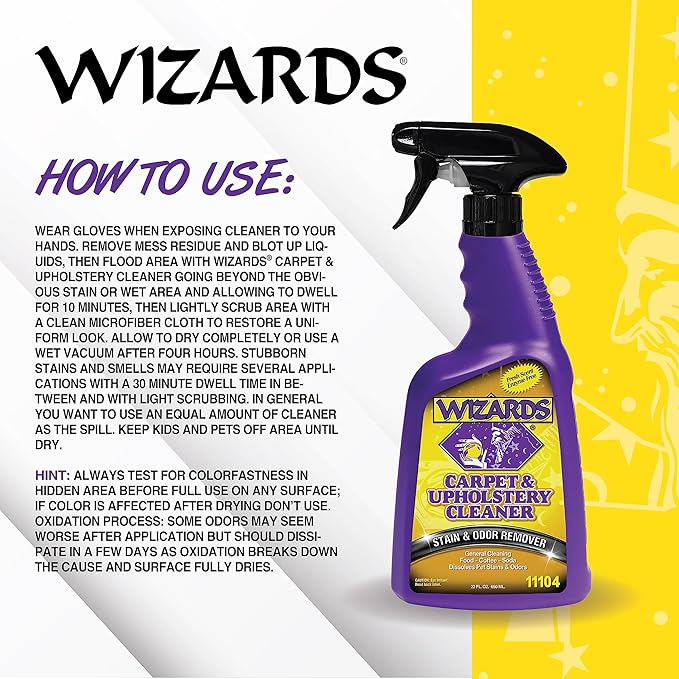 Wizards Carpet and Upholstery Cleaner - Fabric Cleaner Spray Solution for a Fresh & Clean Car - Pet Stain & Smell Remover and Natural Carpet Cleaner - Made in USA - 22 oz