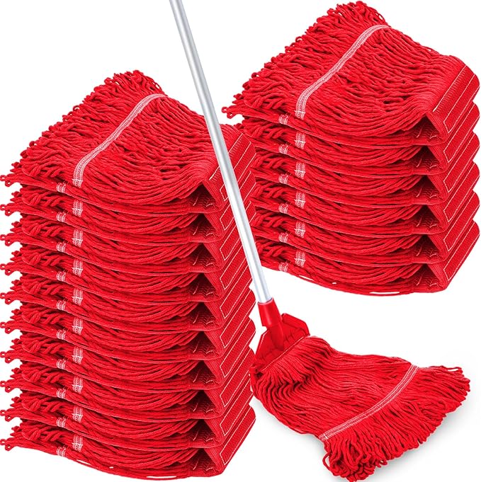 Roshtia 16 Pack Commercial Mop Head Replacements Looped End Wet Heavy Duty Mop Heads Cotton String Mops Industrial Cleaning Refills for Commercial Industrial Home(Red)