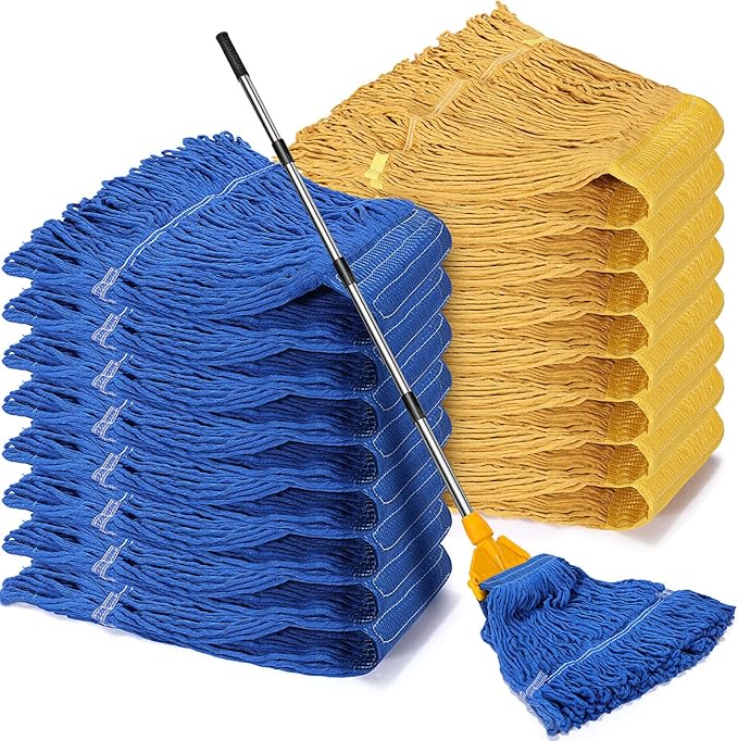 Roshtia 16 Pack Commercial Mop Head Replacements Looped End Wet Heavy Duty Mop Heads Cotton String Mops Industrial Cleaning Refills for Commercial Industrial Home(Blue, Yellow)