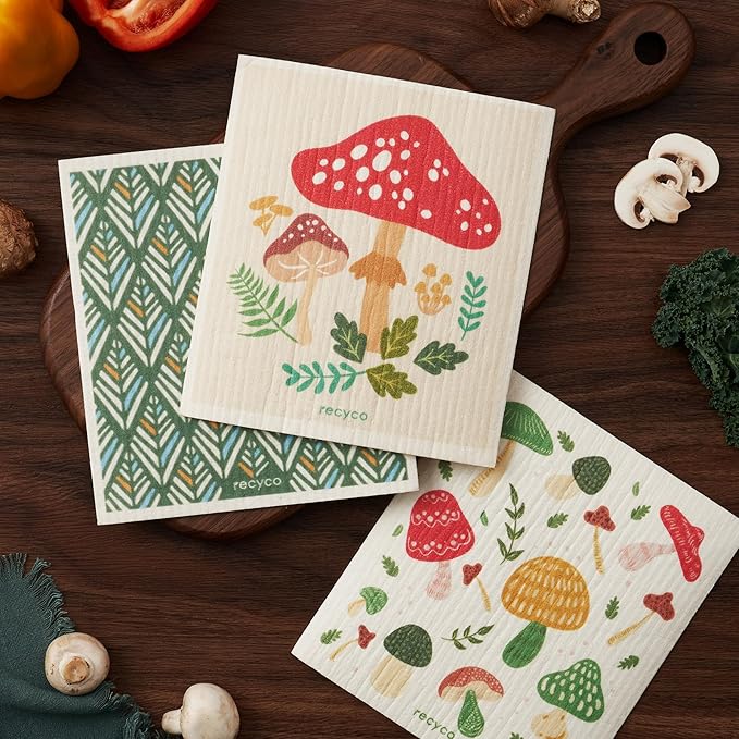 RECYCO Reusable Dish Cloth 12 Pack Swedish Dish Clothes for Kitchen Counter Cotton Cellulose Absorbent Machine Washable Plant Based Okeo Tex Standard 100 Sponge Wipes Women Owned (Mushroom)