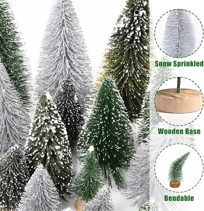 Waipfaru Bottle Brush Trees Christmas, 30 Pcs Mini Christmas Trees Table Decor, Miniature Pine Trees for Xmas Tabletop Crafts Christmas Indoor Decorations (Green & Sliver)