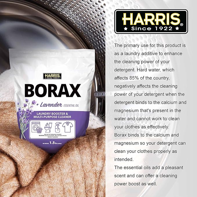 Harris Borax Powder Hard Water Laundry Booster and Multi-Purpose Cleaner, 1.5lb, Pure Essential Oils, No Artificial Fragrance (Lavender)
