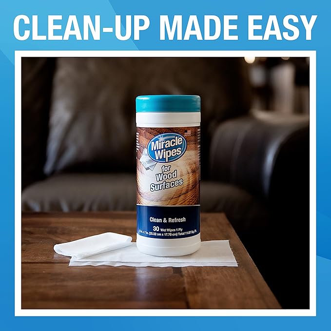 MiracleWipes for Wood Surfaces, Remove Dirt and Grime Buildup, Clean, Protect, and Polish Cabinets, Furniture, and Wood Floors, Great for Kitchen and Bathroom Cleaning Support - 30 Count