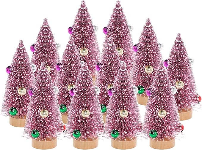 Yookat 12Pcs Mini Christmas Trees Small Sisal Trees Mini Pine Trees with Wood Base Mini Bottle Brush Trees Artificial Mini Christmas Trees Assorted Color for Christmas Winter Decoration (Pink)