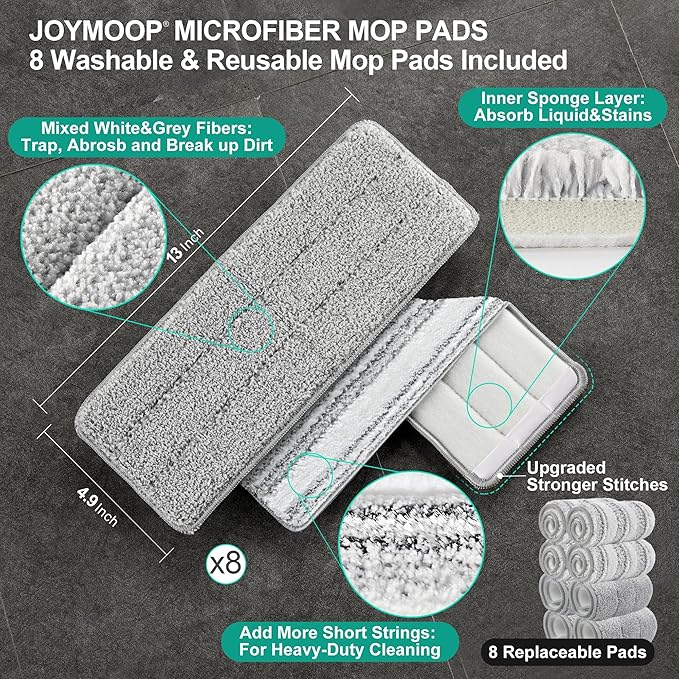 JOYMOOP Mop and Bucket with Wringer Set, Hands Free Flat Floor Mop and Bucket, with 3 Washable Microfiber Pads, Wet and Dry Use, Floor Cleaning System
