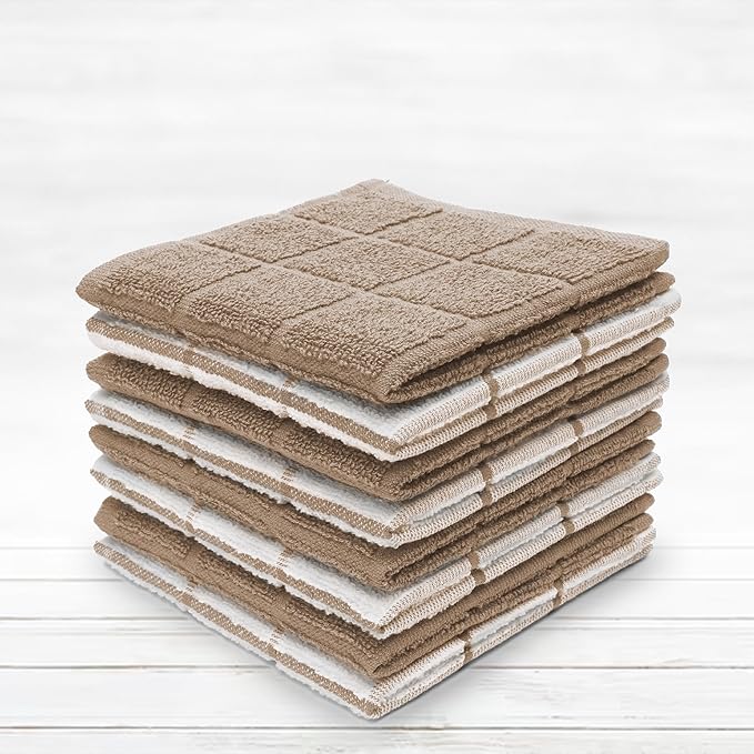100% Cotton Dish Cloth for Dish Washing, Terry Dish Cloth, Cotton Dish Rags, 8 Pack, Super Soft and Absorbent, Reusable Cleaning Cloth, TAN (Solid and Checks)