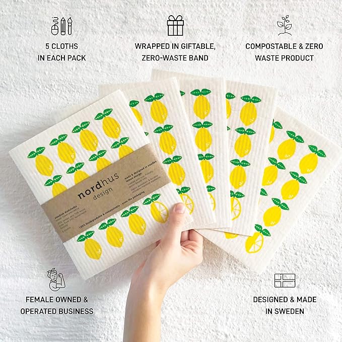 Nordhus Design Lemon Swedish Dishcloths, 5-Pack, Made in Sweden, Reusable, Decorative Cellulose Cotton Kitchen Cloths - Replace Paper Towels, Sponges, Wipes and Dish Rags