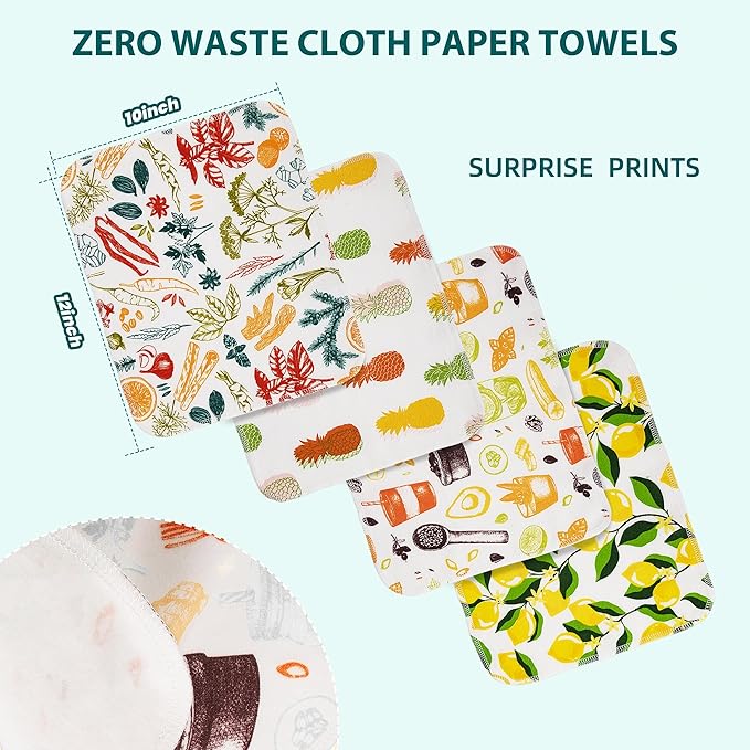 Reusable Paper Towels Washable, Pack of 12 Paperless Kitchen Towels Roll - Surprise Prints, Super Soft Eco Friendly Cotton Cloth