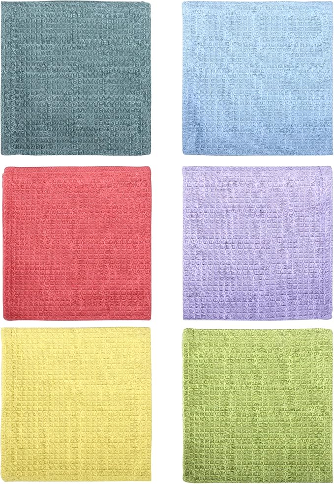 100% Cotton Waffle Dish Cloths (Pack of 6) - Dish Rags for Washing Dishes - Reusable & Highly Absorbent Kitchen Towels - Multipurpose Kitchen Rags - (12" x 12" - Multicolor I)