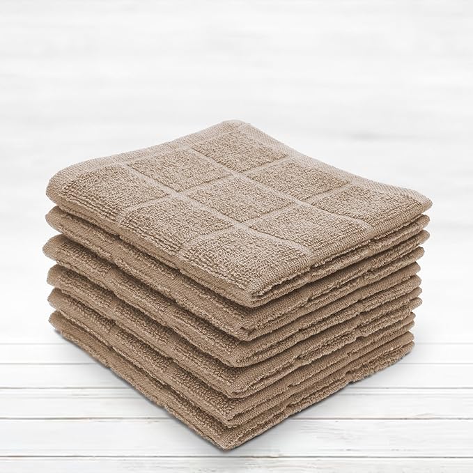 100% Cotton Dish Cloths for Dish Washing, Terry Dish Cloth, Cotton Dish Rags, 6 Pack, Super Soft and Absorbent, 12"x12" inches, Reusable Cleaning Cloth, TAN Dish Cloth