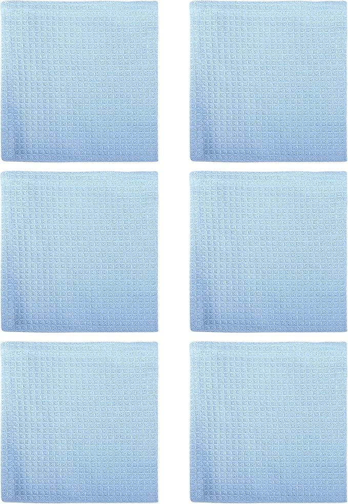 100% Cotton Waffle Dish Cloths (Pack of 6) - Dish Rags for Washing Dishes - Reusable & Highly Absorbent Kitchen Towels - Multipurpose Kitchen Rags - (12" x 12" - Light Blue)