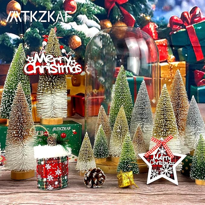 Mini Christmas Trees Bottle Brush Christmas Trees for Christmas Decorations Multicolor Table Top Gradient Christmas Tree with Wooden Base (Gold+White)