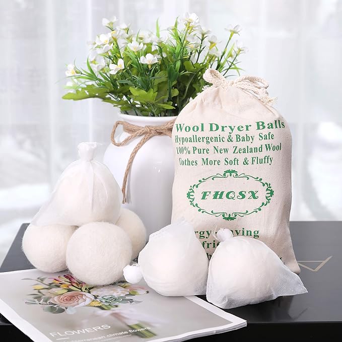 Wool Dryer Balls with Pouch XL 6-Pack Organic Eco Reusable Natural Fabric Softener
