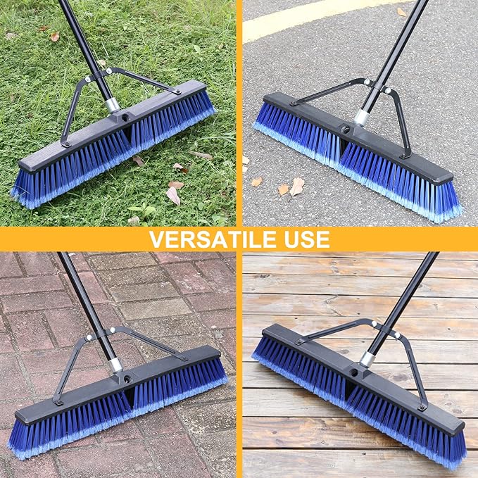 24 inches Push Broom Outdoor Heavy Duty Broom for Deck Driveway Garage Yard Patio Concrete Floor Cleaning-Blue