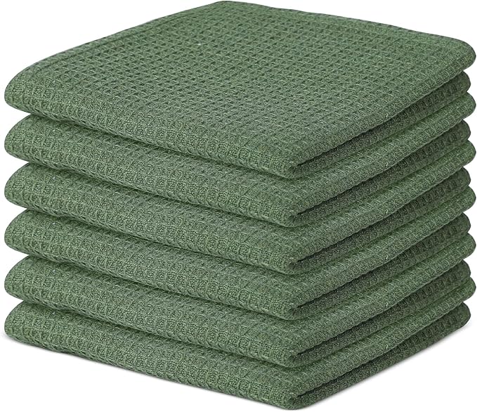 100% Cotton Waffle Dish Cloths (Pack of 6) - Dish Rags for Washing Dishes - Reusable & Highly Absorbent Kitchen Towels - Multipurpose Kitchen Rags - (12" x 12" - Hunter Green)