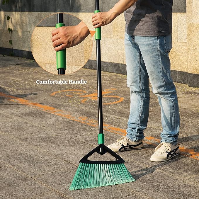 Eyliden Broom, Angle Broom with 57" Long Handle - Fit Heavy-Duty Cleaning, Also Works Well Fine Dust - Commercial Outdoor Indoor Sweeper for Courtyard, Sidewalk, Deck, Kitchen, Lobby, Garage, Green