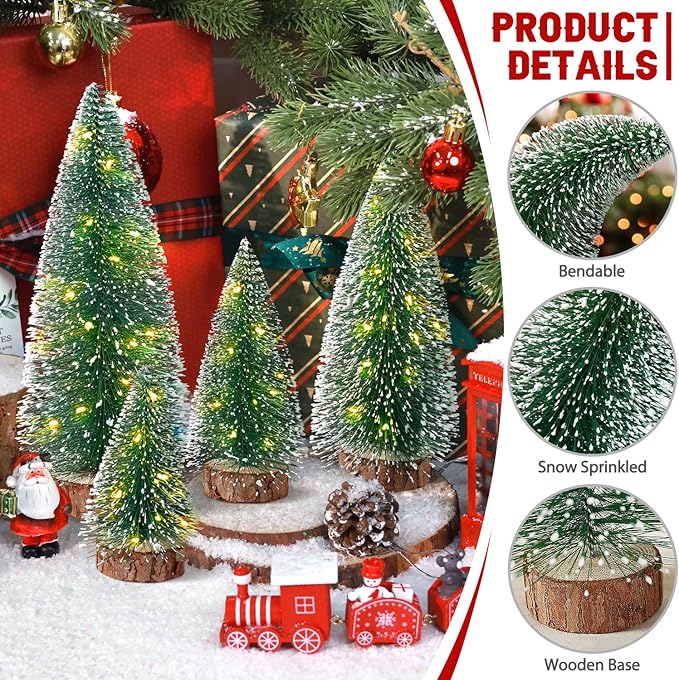 4pcs Mini Christmas Trees Christmas Decor, Artificial Christmas Mini Bottle Brush Trees Tabletop, Christmas Decoration Trees with 4 Size Xmas Holiday Decor (4pcs Green Tree with Lights)