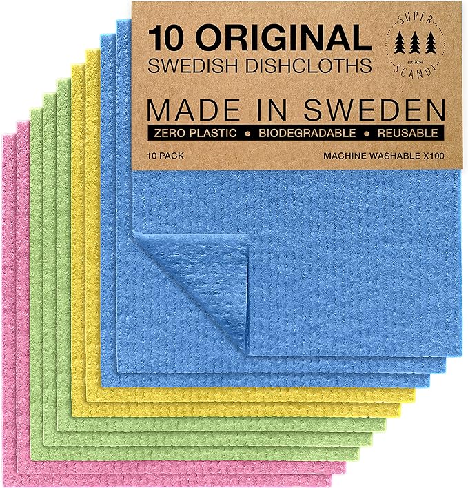 SUPERSCANDI 10 Pack Reusable Cleaning Cloths - 100% Biodegradable & Compostable | Washable Swedish Dishcloth - Food-Safe & Plastic-Free | Kitchen Cloth Suitable for Any Surface, Pink Green Blue