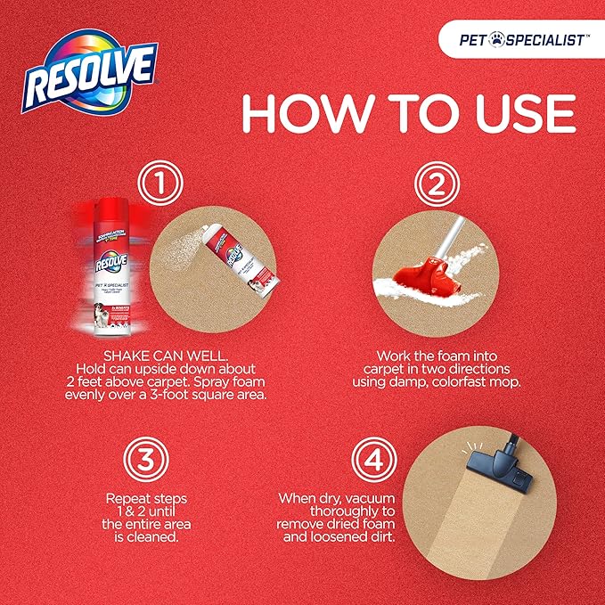 Resolve Pet Specialist Heavy Traffic Foam, Carpet Cleaner, Pet Stain And Odor Remover, Carpet Cleaner Solution, 2 Pack Of 22oz