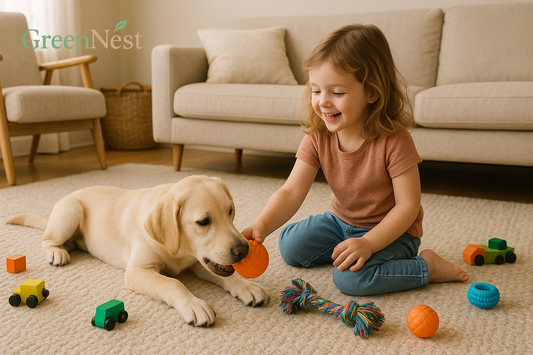 GreenNest scene of a young child playing with a golden retriever puppy on a living room rug, surrounded by colorful pet and kids’ toys.