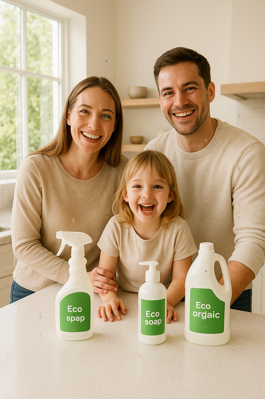 Happy family in a bright kitchen with eco-friendly cleaning products on the counter, symbolizing a healthy and safe home lifestyle.