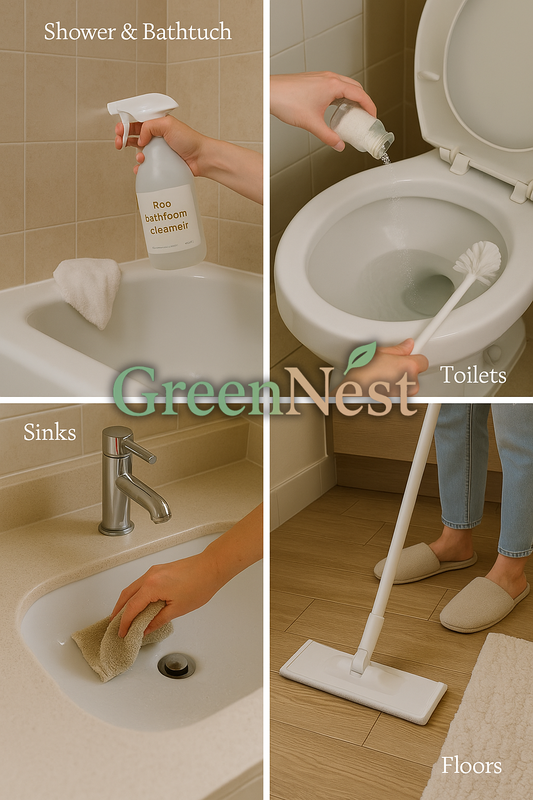 GreenNest eco bathroom cleaning guide showing safe non-toxic cleaning for shower, toilets, sinks, and floors with pet and baby-friendly products