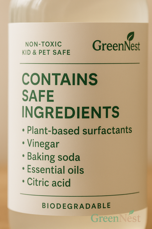 Close-up of GreenNest eco cleaner label highlighting safe ingredients such as plant-based surfactants, vinegar, baking soda, essential oils, and citric acid, emphasizing non-toxic and biodegradable formula.