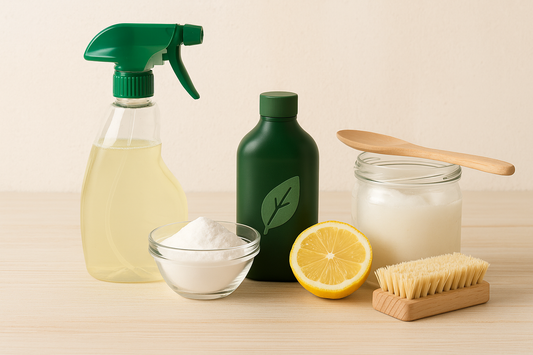 GreenNest eco cleaning essentials with natural ingredients like lemon, baking soda, coconut oil, and plant-based spray on a wooden table"