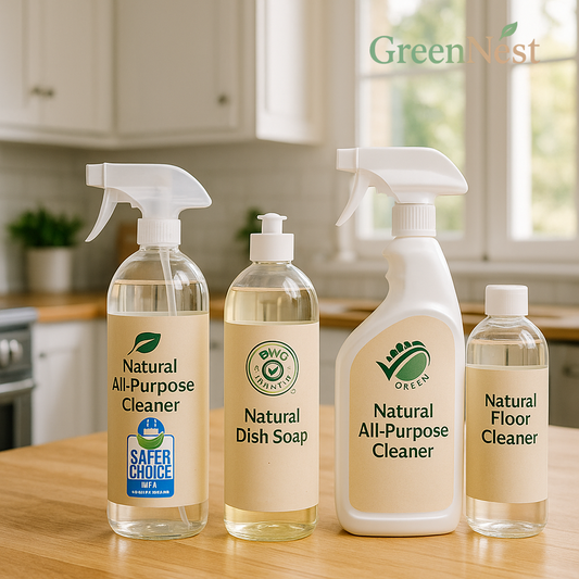 GreenNest natural cleaning products with eco certifications like EPA Safer Choice and EWG Verified on a bright kitchen counter.