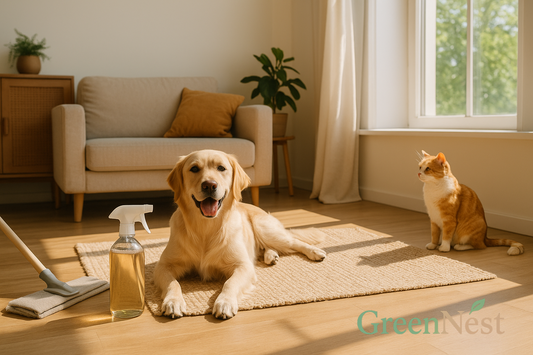 GreenNest non-toxic summer cleaning scene with pets relaxing in a sunlit living room, safe eco-friendly home refresh for dogs and cats