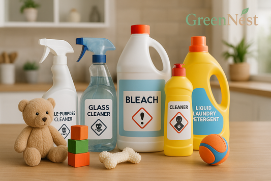 GreenNest guide highlighting hidden household toxins in common cleaning products with baby and pet toys nearby, safe eco-friendly alternatives for a toxin-free home