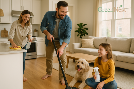 Toxin-free home cleaning with GreenNest natural cleaners in a bright family living room with kids and pets safe on the floor.