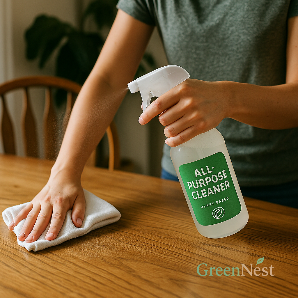 Person cleaning a wooden dining table with eco-friendly all-purpose cleaner spray and white microfiber cloth, in a naturally lit room with green indoor plant – safe non-toxic cleaning