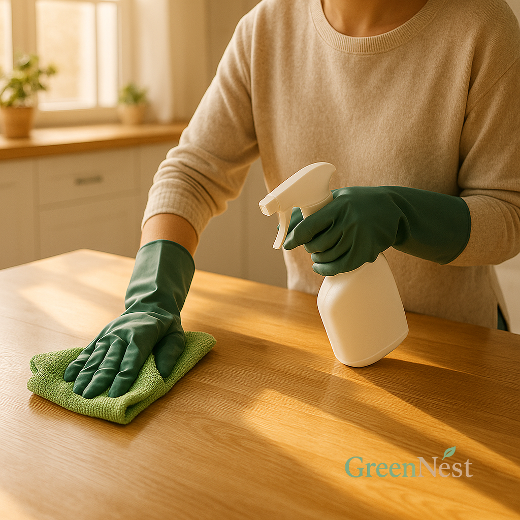 Woman wearing khaki green rubber gloves cleaning a wooden kitchen table with a spray bottle and microfiber cloth in a sunlit, natural-light-filled kitchen