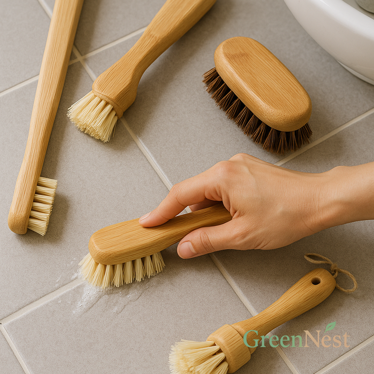Eco-friendly bathroom scrub brushes with bamboo handles arranged on gray tile flooring, with a hand scrubbing grout lines—ideal for sustainable tile, sink, and tub cleaning.