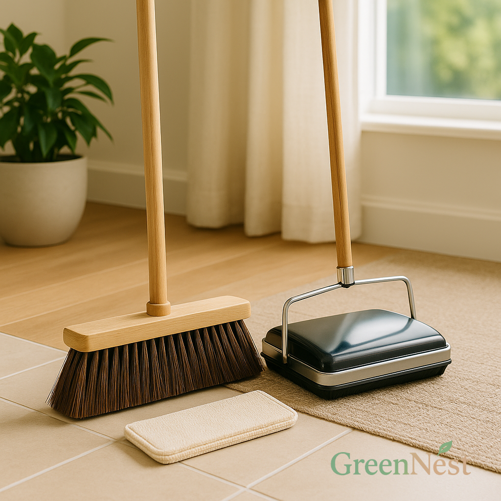 Natural wood push broom and manual carpet sweeper positioned on tile and rug flooring near a sheer curtain and potted plant, highlighting eco-friendly, non-electric cleaning tools for sustainable home care.