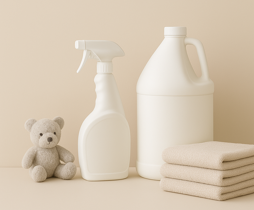 Neutral-toned image featuring a white disinfectant spray bottle, a large gallon jug, stacked beige towels, and a small plush teddy bear on a soft cream background, symbolizing safe and family-friendly cleaning.