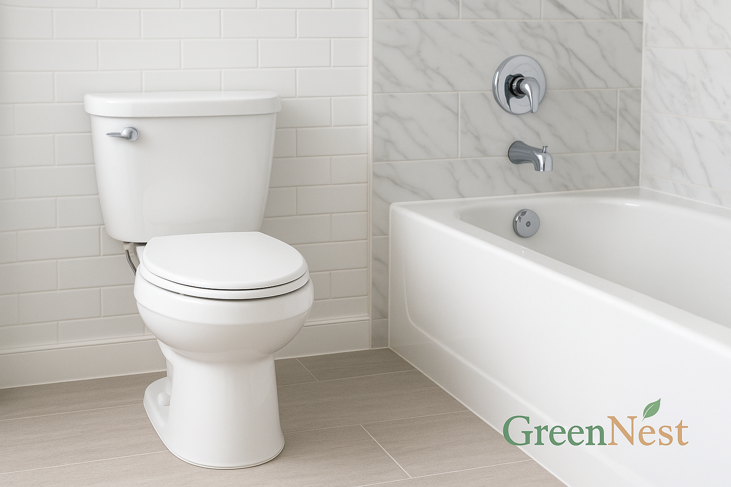 Modern eco-friendly bathroom featuring a clean white toilet and bathtub with chrome fixtures, subway tile walls, and GreenNest brand logo in the corner