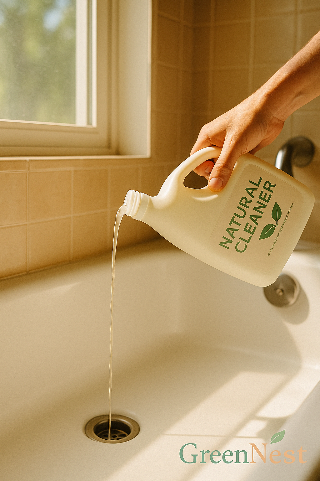 Person pouring natural eco-friendly drain cleaner into a white bathtub drain in a sunlit bathroom, with warm lighting and GreenNest branding