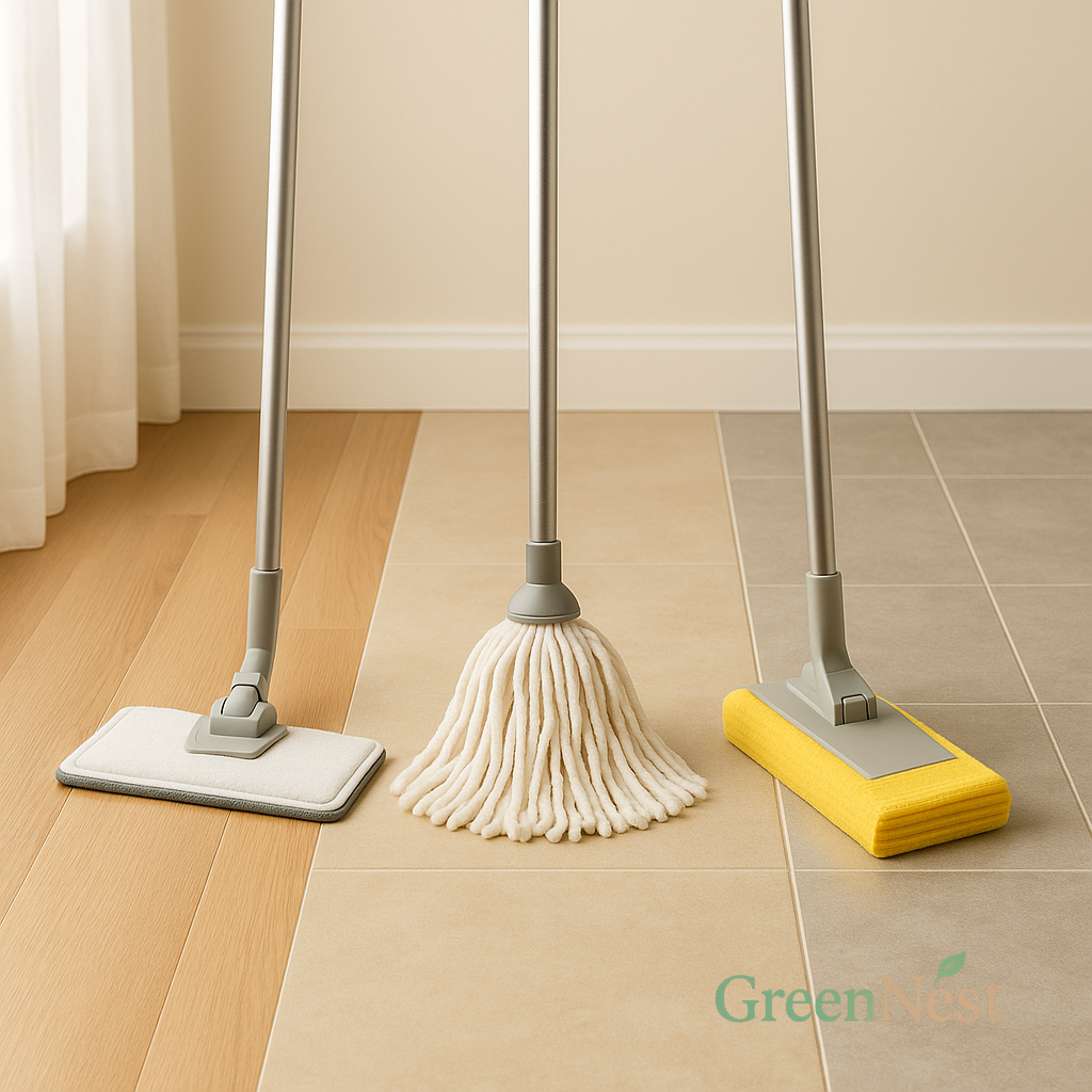 Flat mop, string mop, and sponge mop aligned over different floor types—wood, vinyl, and tile—highlighting eco-friendly wet and dry mop.