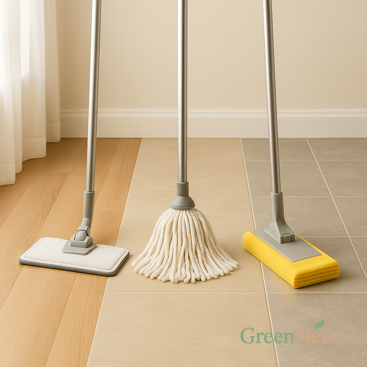Flat mop, string mop, and sponge mop aligned over different floor types—wood, vinyl, and tile—highlighting eco-friendly wet and dry mop.