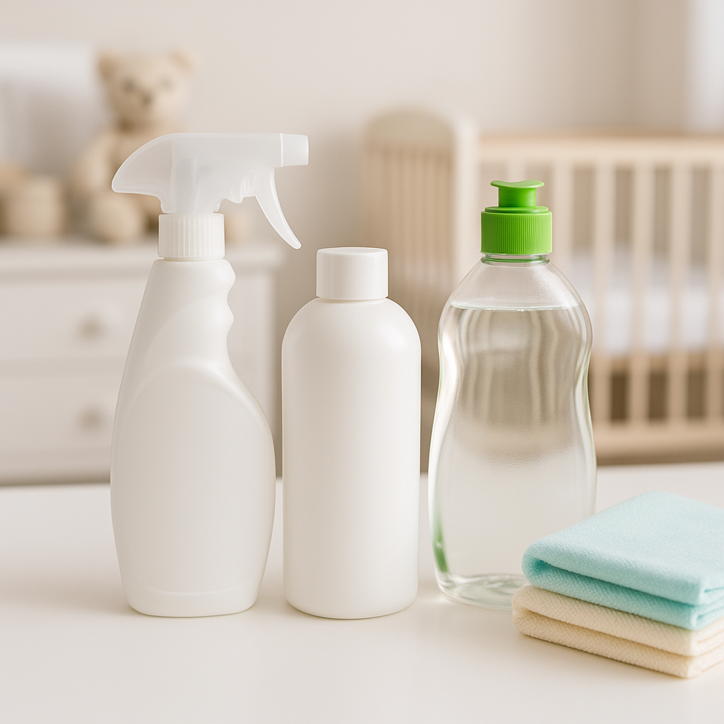 baby-safe surface cleaner bottles in nursery setting