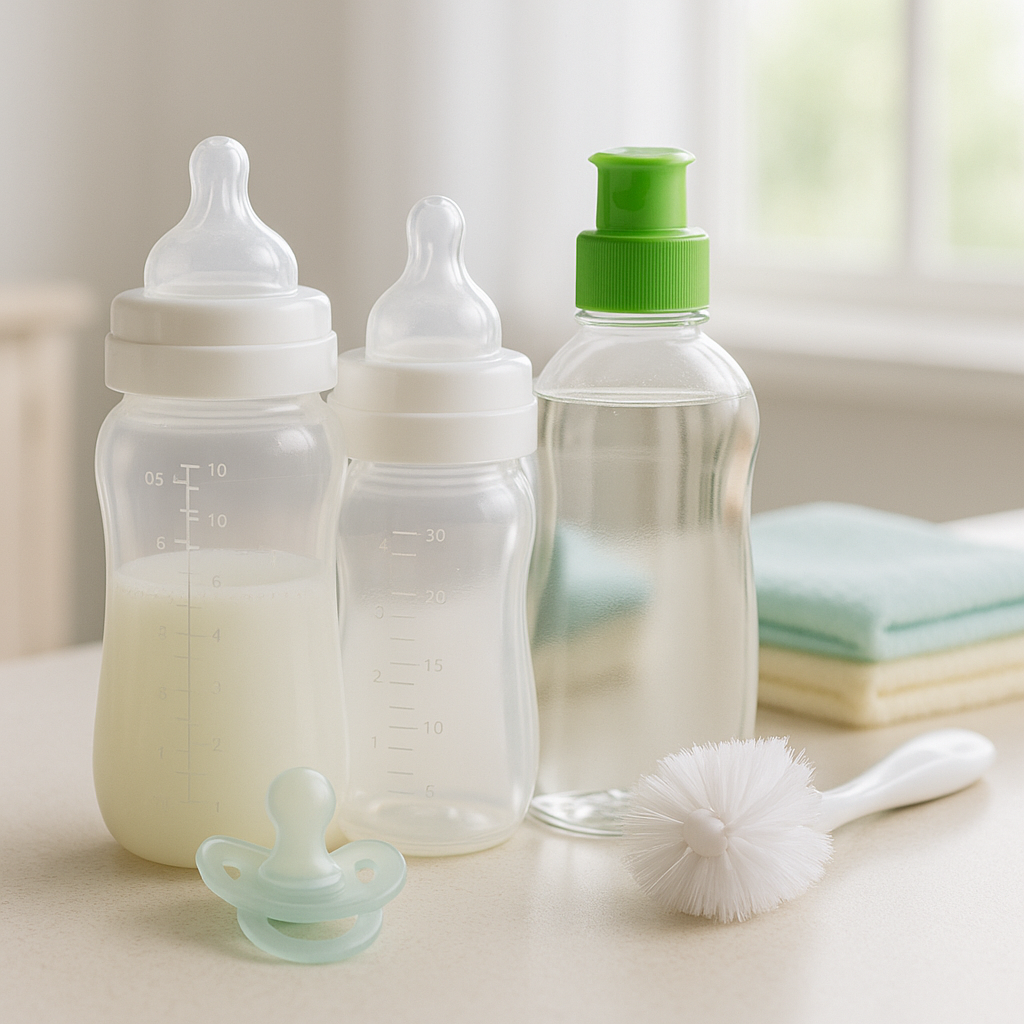baby bottle wash with bottles and cleaning brush
