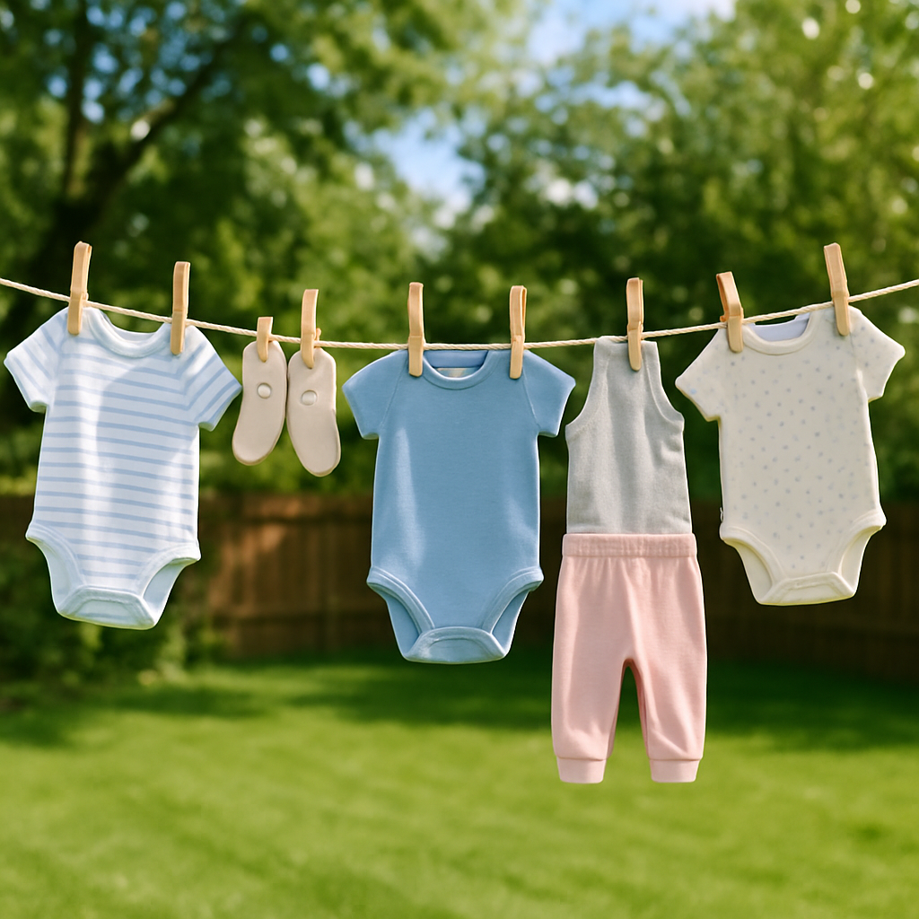 pastel baby clothes hanging on backyard clothesline in sunlight