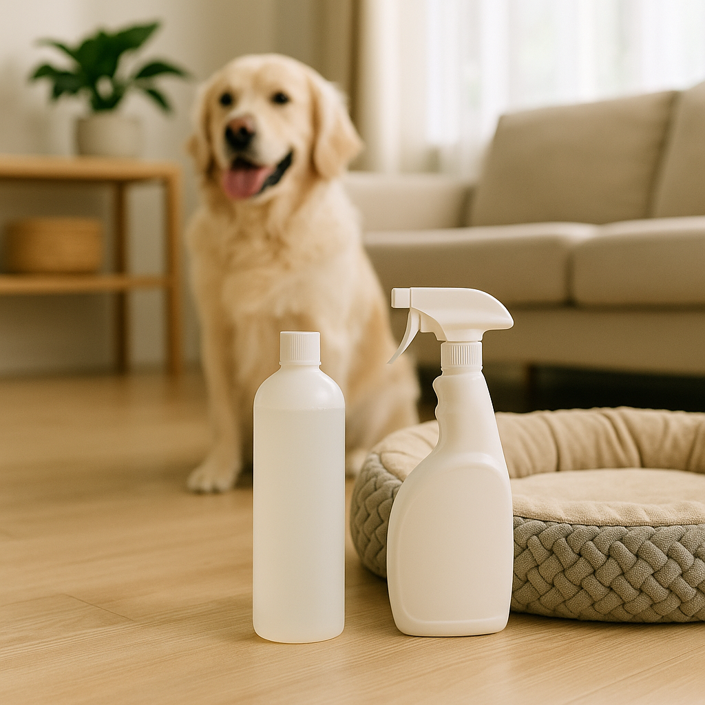 pet odor remover spray with dog in clean room