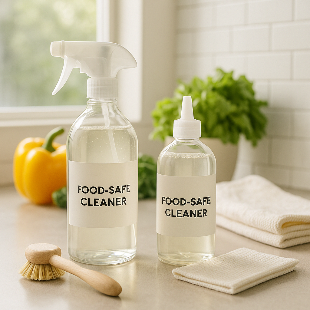 Two bottles of food-safe cleaner on a bright kitchen counter with a bamboo scrub brush, reusable cloths, and fresh vegetables, highlighting non-toxic surface sanitizing.