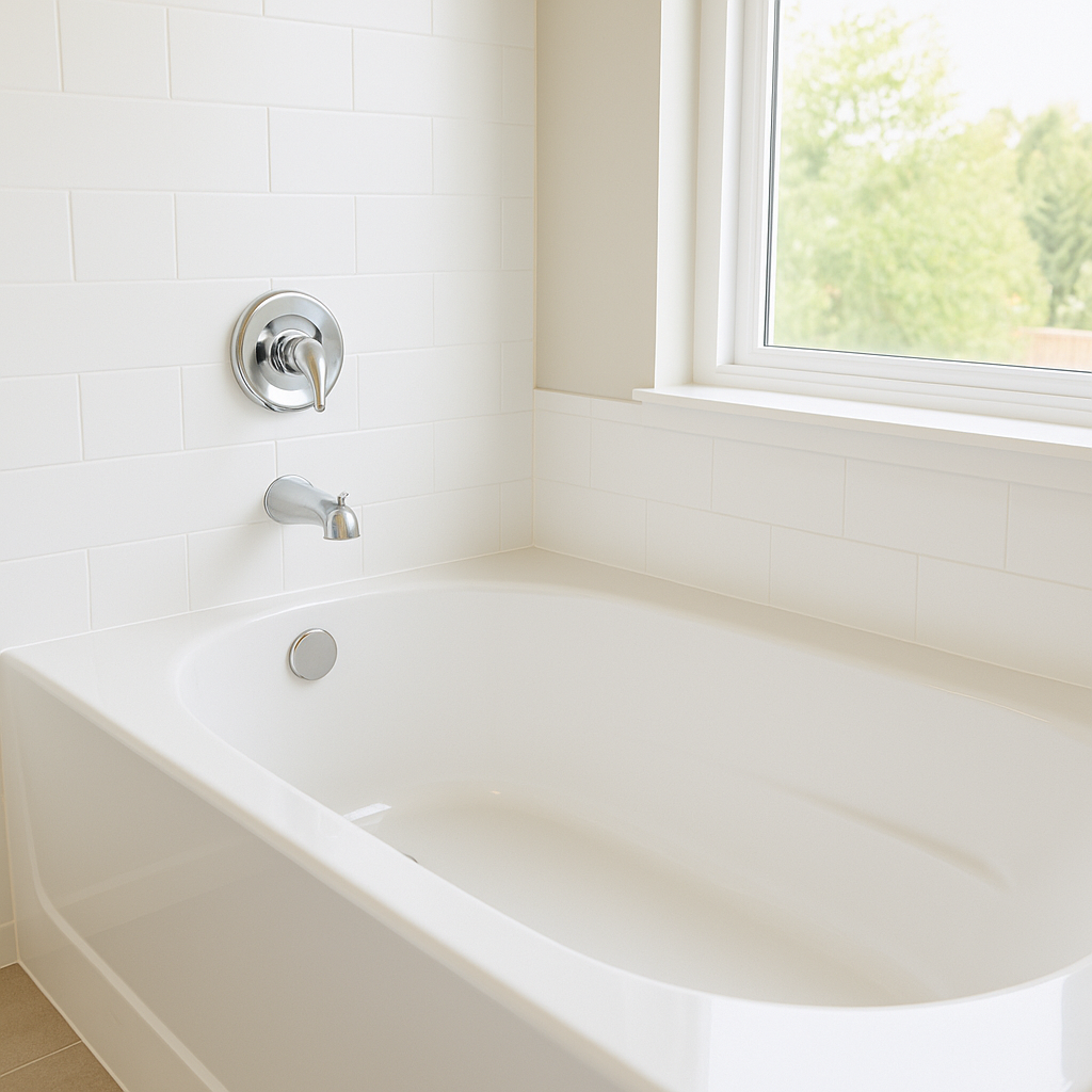 clean white bathtub in modern bathroom with window view