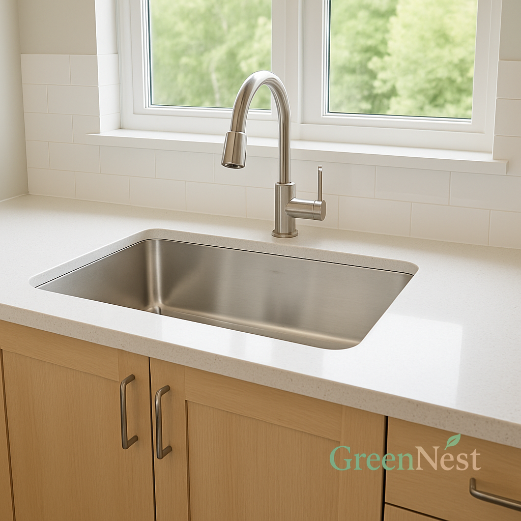 Modern stainless steel kitchen sink with polished chrome faucet set in a light wood cabinet and white countertop, under a sunlit window — GreenNest eco-friendly surface care
