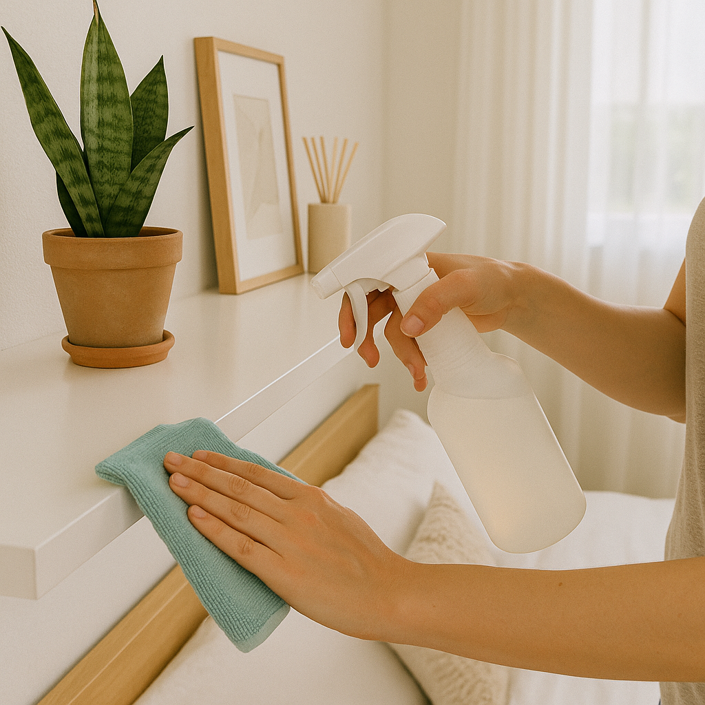 allergen-reducing cleaner used on bedroom shelf