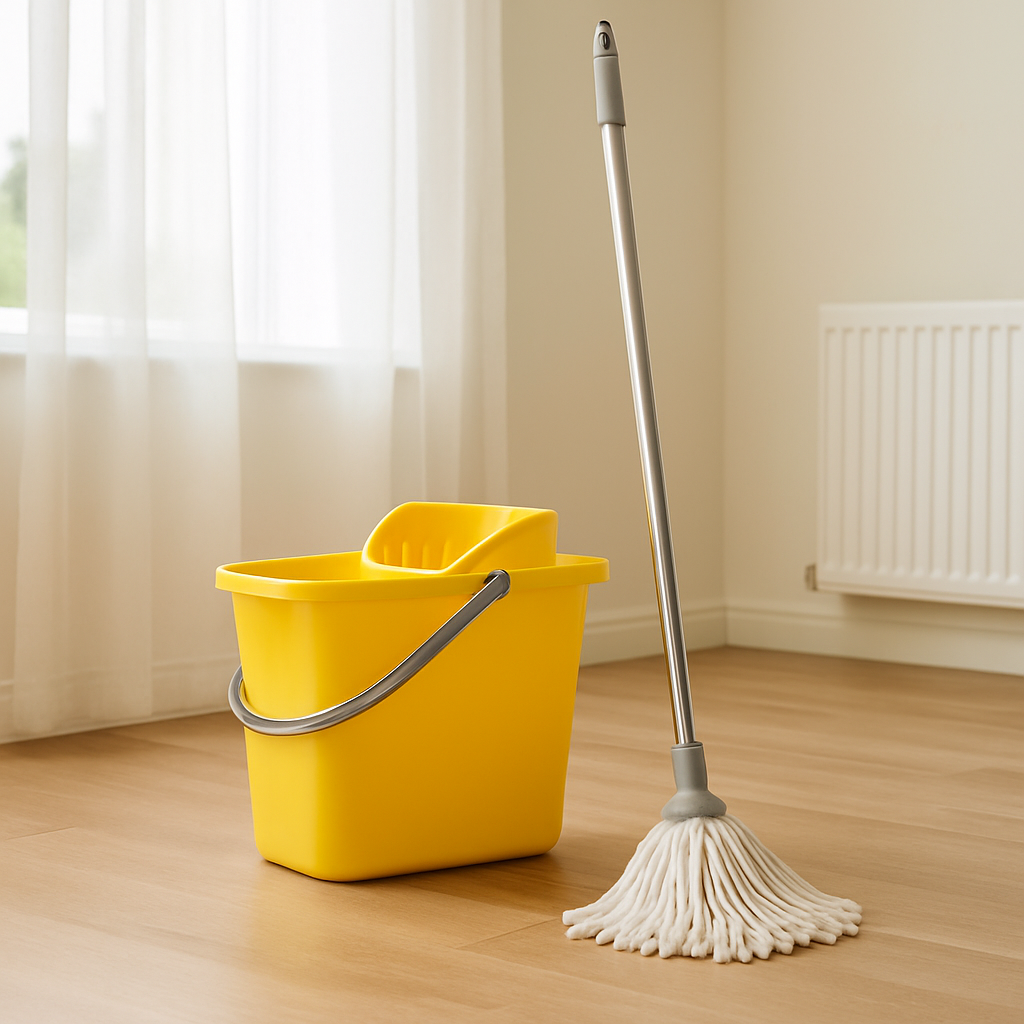 Yellow mop bucket with built-in wringer and white string mop on a clean hardwood floor, highlighting an all-in-one eco-friendly mop and bucket system for efficient home cleaning.